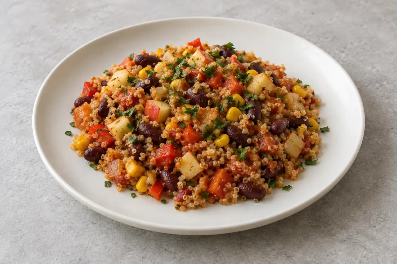 Quinoa mit Apfel, Kidneybohnen und Paprika, angerichtet