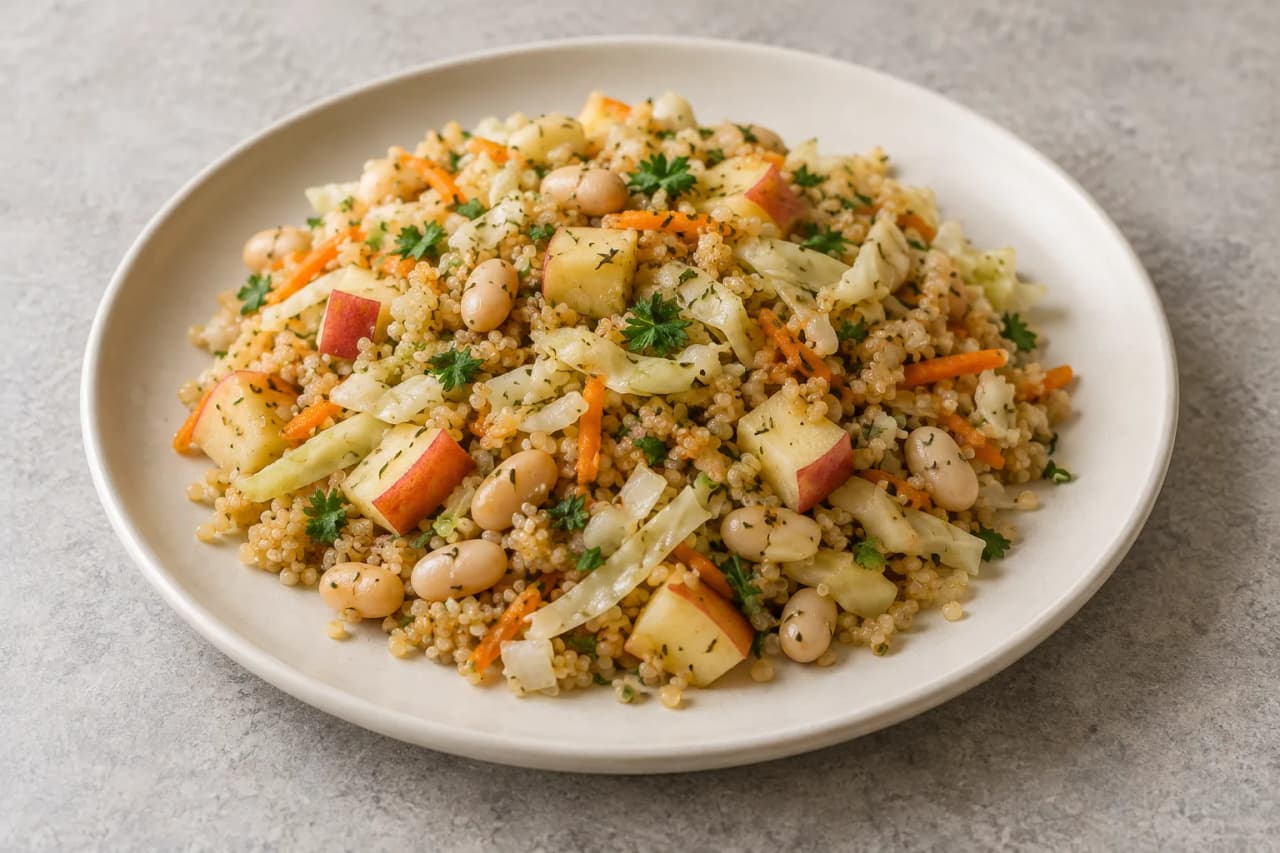 Quinoa mit Apfel, Weißkohl und Bohnen, angerichtet