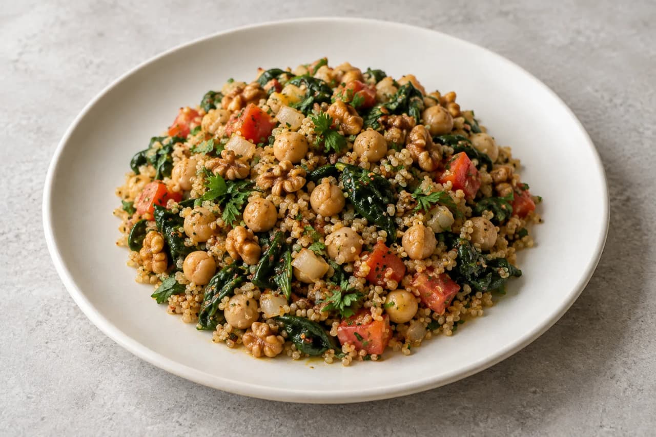 Quinoa mit Kichererbsen, Walnüssen und Spinat, angerichtet