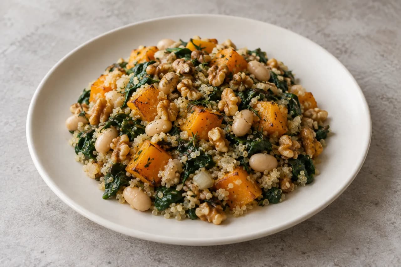 Quinoa mit Kürbis, Bohnen und Walnüssen, angerichtet