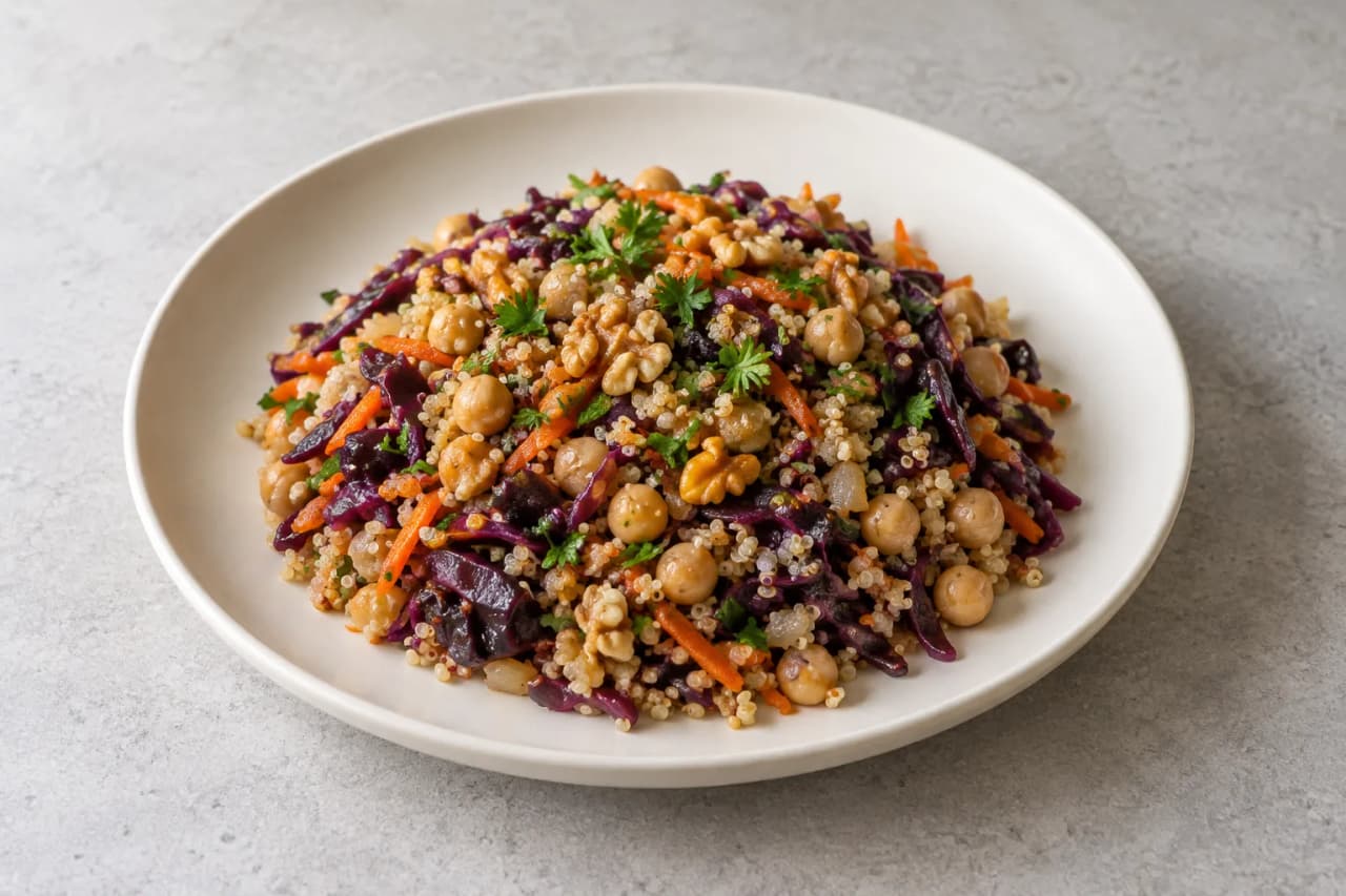 Quinoa mit Rotkohl, Kichererbsen und Walnüssen, angerichtet