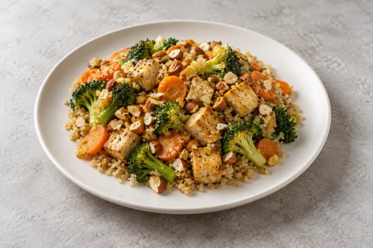 Quinoa mit Tofu, Brokkoli und Mandeln, angerichtet
