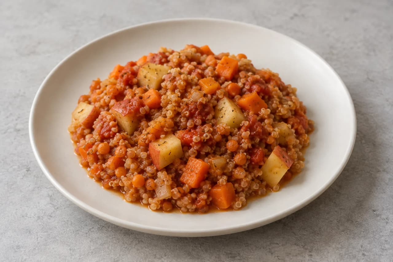Quinoa-Topf mit Apfel und roten Linsen, angerichtet