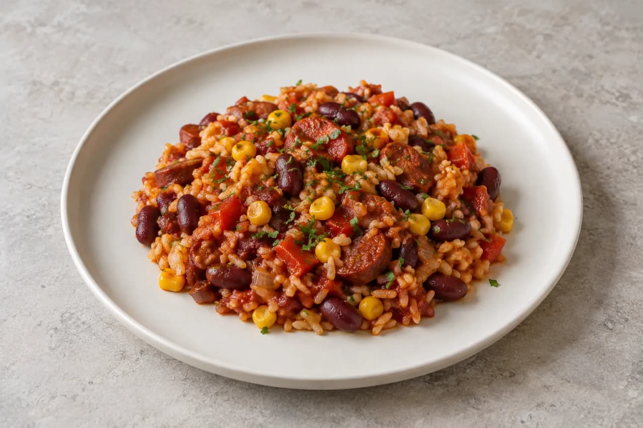 Reis mit Chorizo, Kidneybohnen und Mais, angerichtet