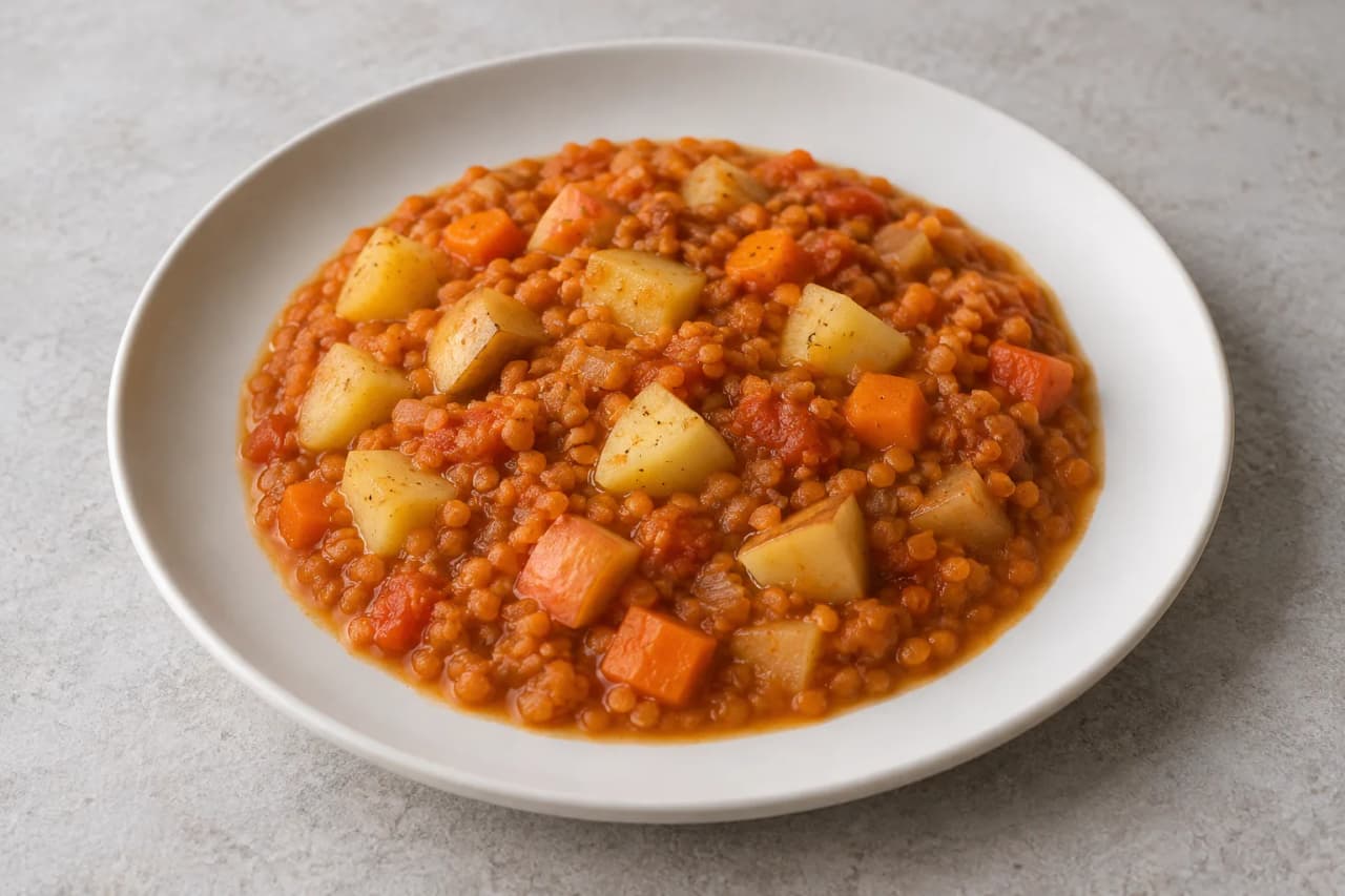 Rote-Linsen-Apfel-Topf mit Kartoffeln, angerichtet