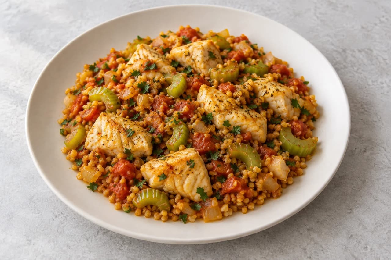 Seelachs-Bulgur-Pfanne mit Staudensellerie, angerichtet