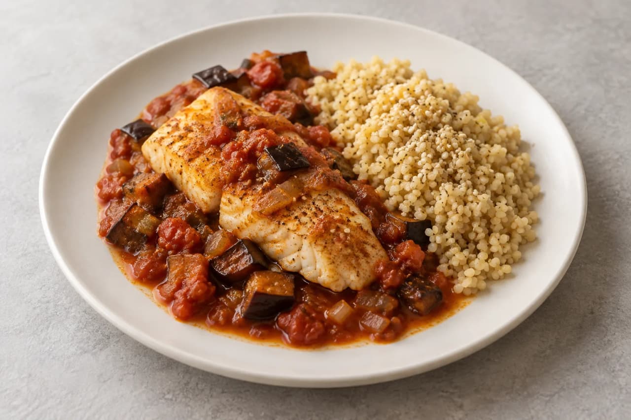 Seelachs mit Auberginen-Bulgur, angerichtet