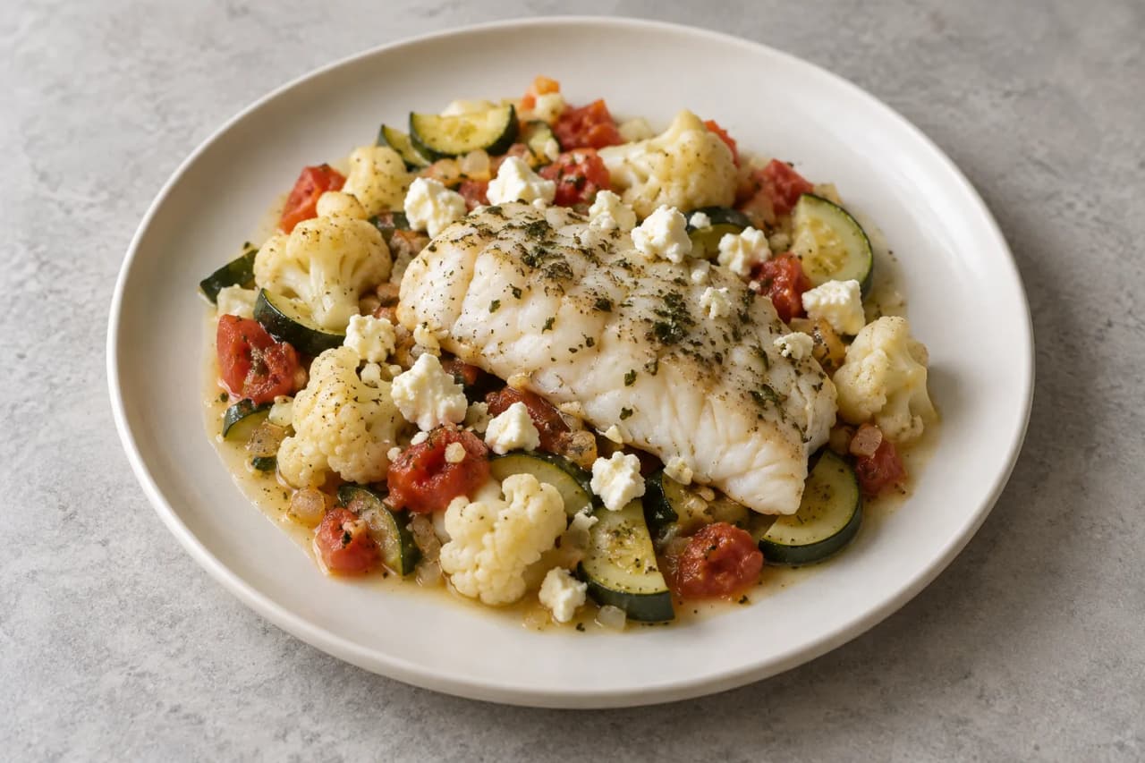 Seelachs mit Blumenkohl, Zucchini und Tomaten, angerichtet