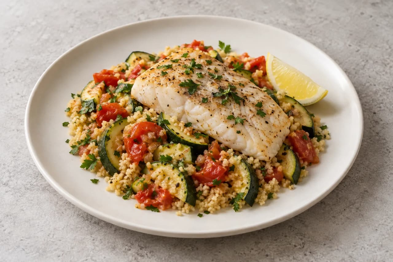 Seelachs mit Couscous, Tomaten und Zucchini, angerichtet