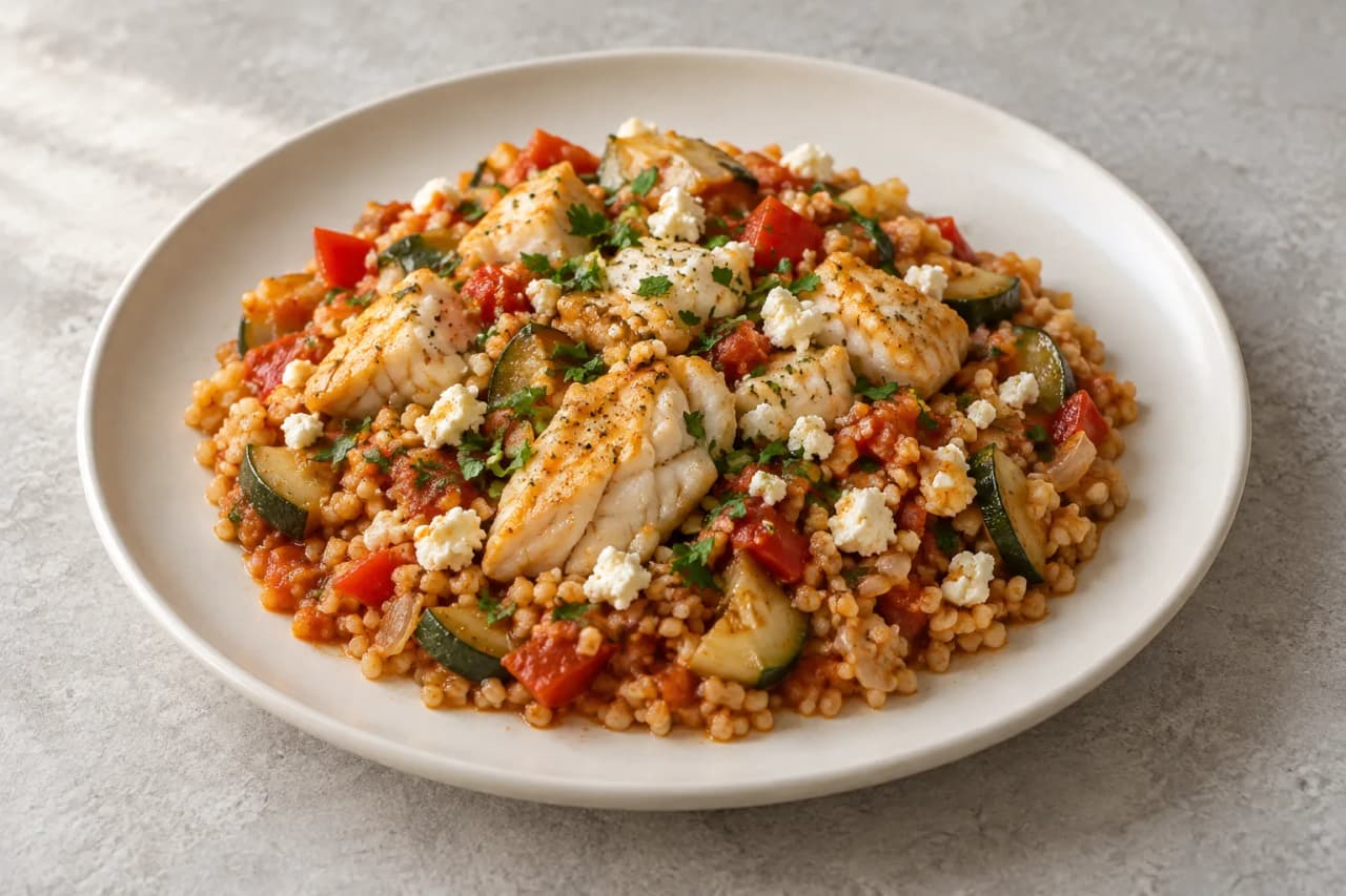 Seelachs mit Feta, Bulgur und Zucchini, angerichtet