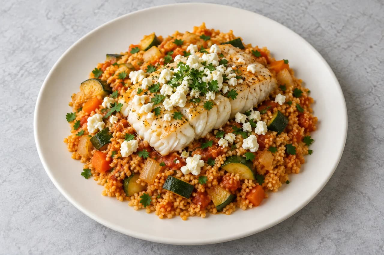 Seelachs mit Feta und orientalischem Couscous, angerichtet