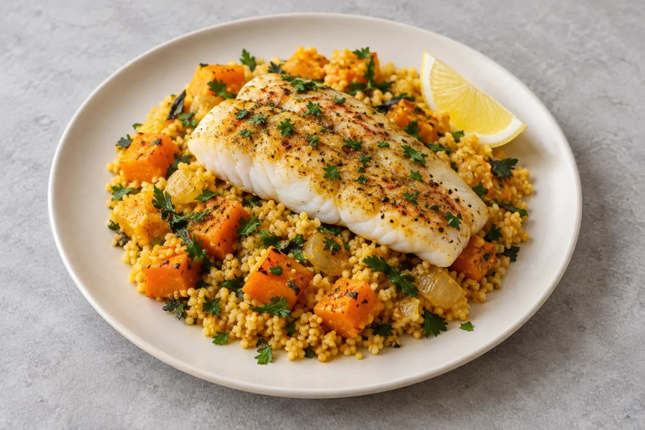 Seelachs mit Kürbis-Couscous, angerichtet
