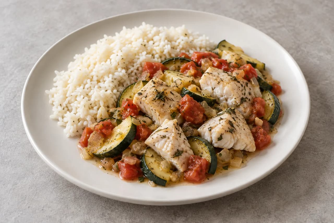 Seelachs mit Zucchini, Tomaten und Reis, angerichtet