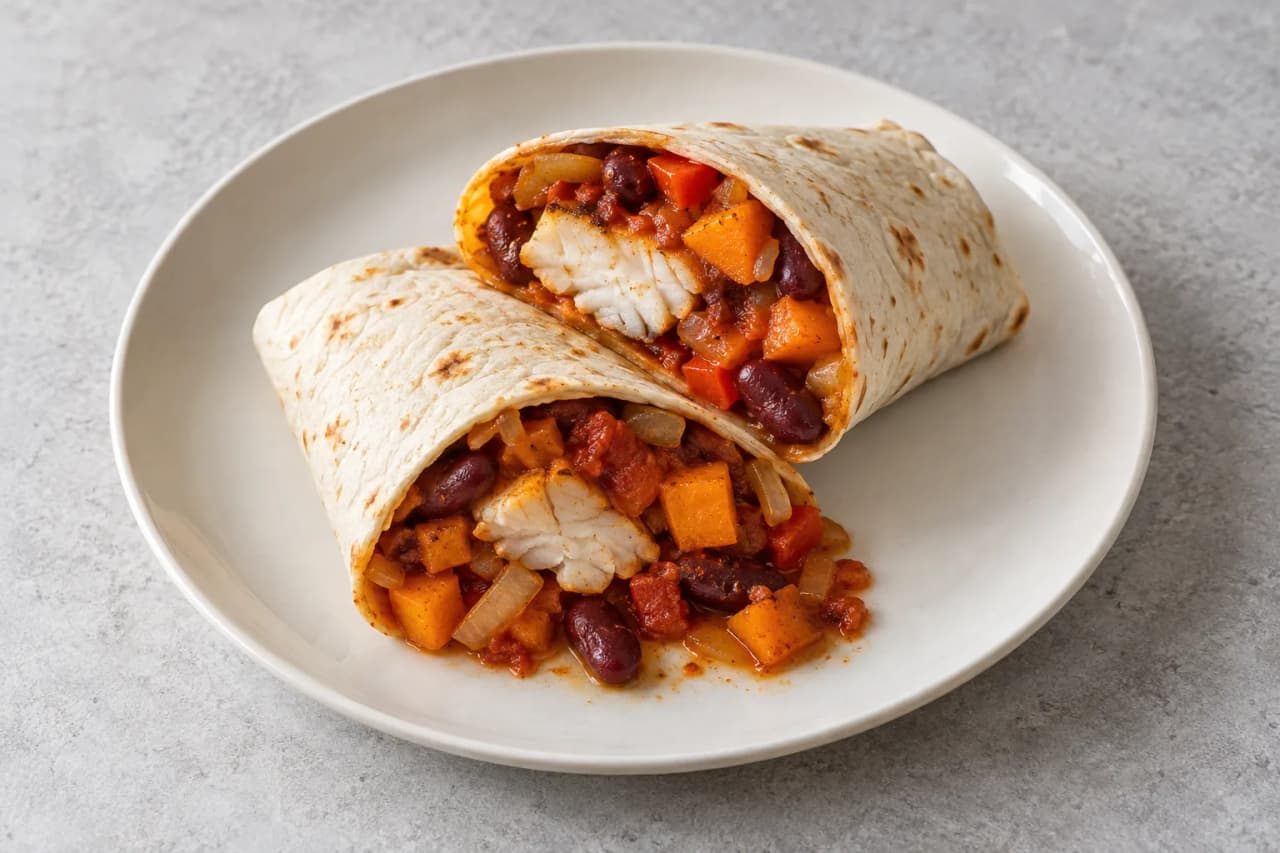 Seelachs-Wraps mit Kürbis und Bohnen, angerichtet